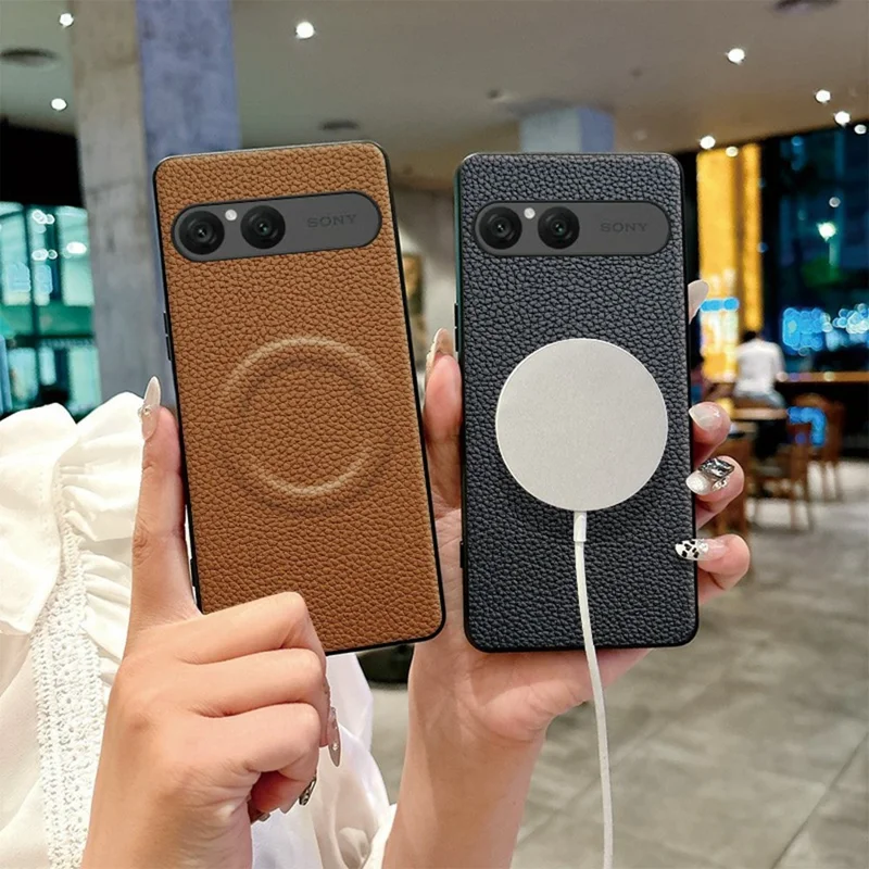 Coque magnétique pour Sony Xperia 10 VII, revêtement en cuir PU texture lychee, protection en PC + TPU, couleur orange