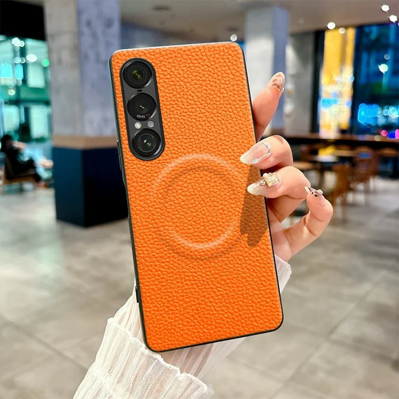 For Sony Xperia 1 VII Magnetic Case Litchi Texture PU Leather Coated PC + TPU Protective Phone Cover - Orange