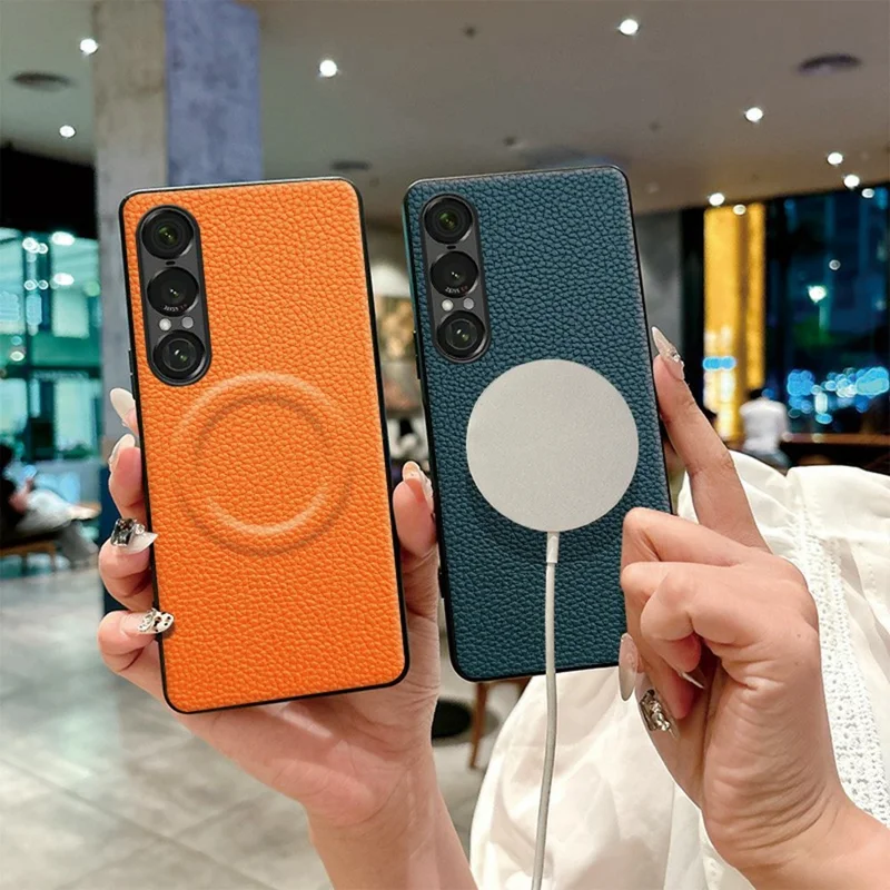 For Sony Xperia 1 VII Magnetic Case Litchi Texture PU Leather Coated PC + TPU Protective Phone Cover - Orange