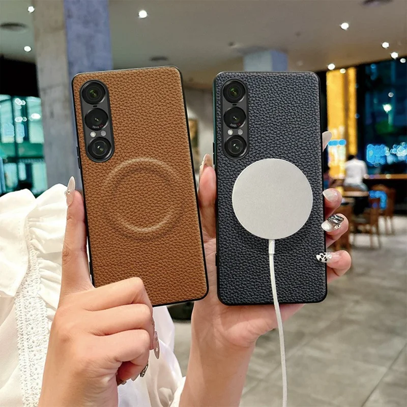 For Sony Xperia 1 VII Magnetic Case Litchi Texture PU Leather Coated PC + TPU Protective Phone Cover - Orange