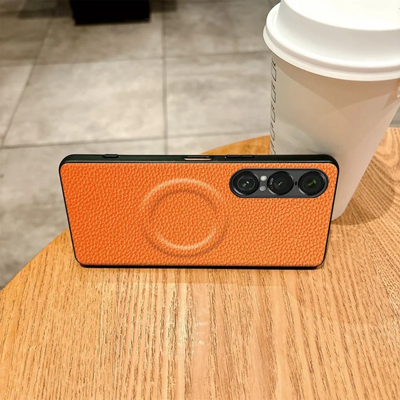 For Sony Xperia 1 VII Magnetic Case Litchi Texture PU Leather Coated PC + TPU Protective Phone Cover - Orange