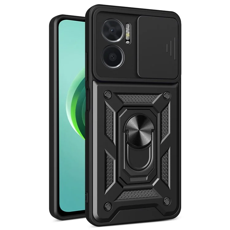 Bump Proof Phone Case for Xiaomi Redmi Note 11E 5G / Redmi 10 5G / 10 Prime+ 5G, PC + TPU Protective Back Cover with Slide Camera Protector and Ring Kickstand - Black