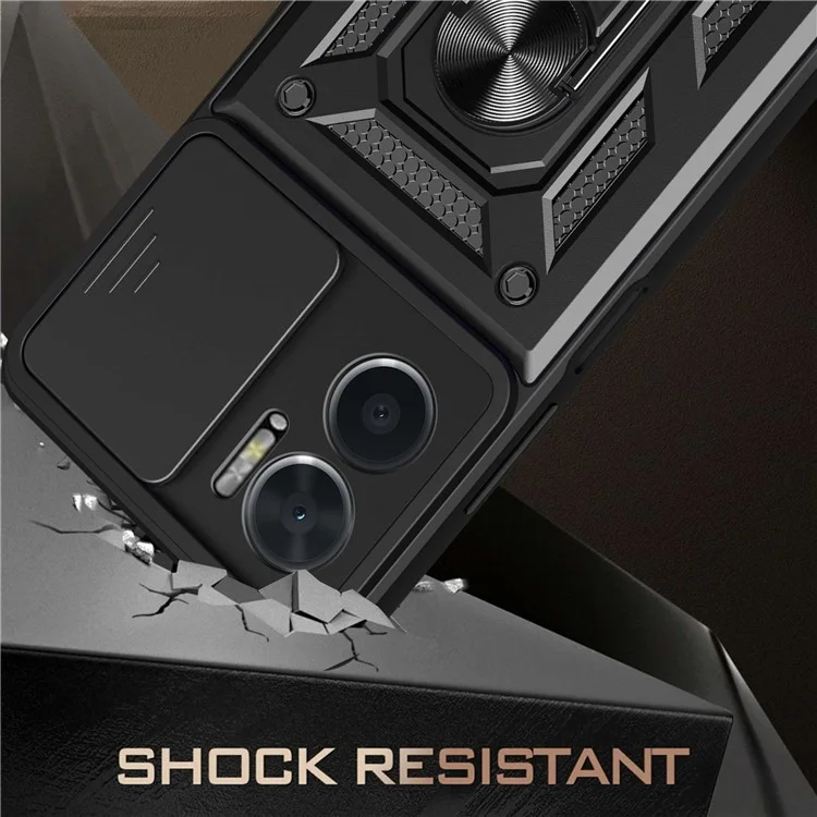 Bump Proof Phone Case for Xiaomi Redmi Note 11E 5G / Redmi 10 5G / 10 Prime+ 5G, PC + TPU Protective Back Cover with Slide Camera Protector and Ring Kickstand - Black