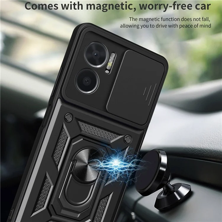 Bump Proof Phone Case for Xiaomi Redmi Note 11E 5G / Redmi 10 5G / 10 Prime+ 5G, PC + TPU Protective Back Cover with Slide Camera Protector and Ring Kickstand - Black