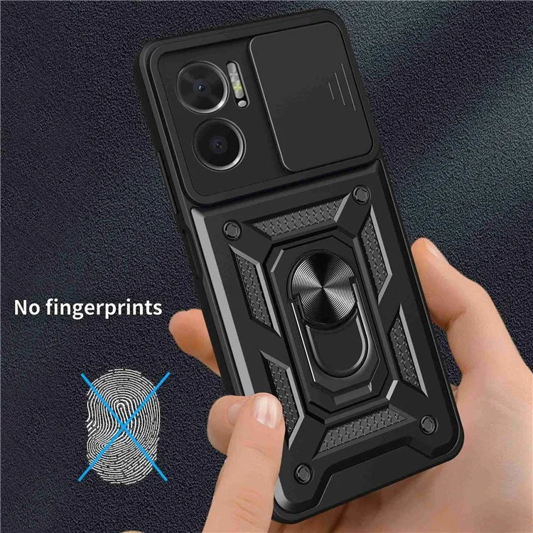 Bump Proof Phone Case for Xiaomi Redmi Note 11E 5G / Redmi 10 5G / 10 Prime+ 5G, PC + TPU Protective Back Cover with Slide Camera Protector and Ring Kickstand - Black