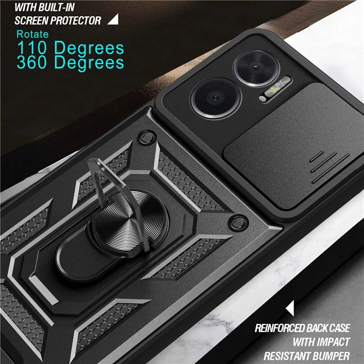 Bump Proof Phone Case for Xiaomi Redmi Note 11E 5G / Redmi 10 5G / 10 Prime+ 5G, PC + TPU Protective Back Cover with Slide Camera Protector and Ring Kickstand - Black