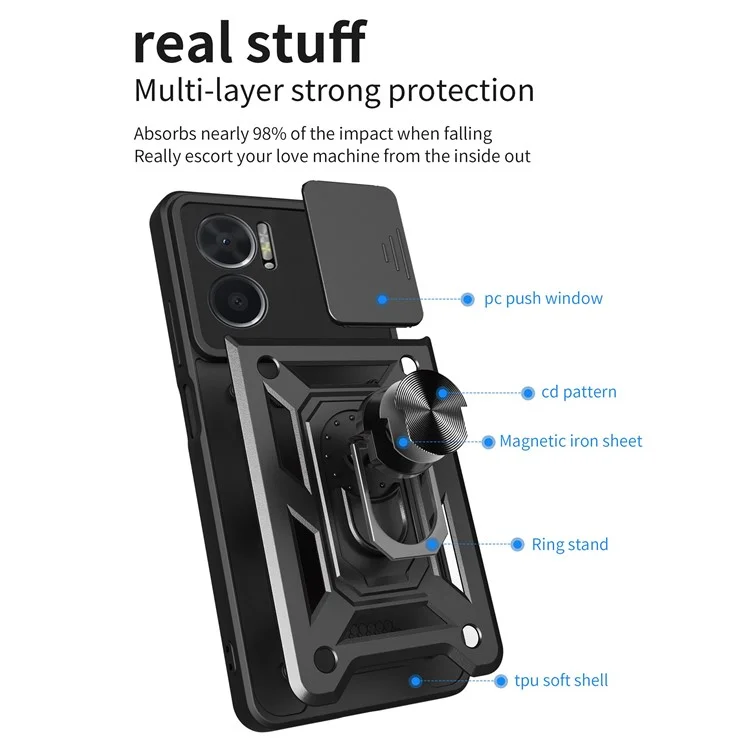 Bump Proof Phone Case for Xiaomi Redmi Note 11E 5G / Redmi 10 5G / 10 Prime+ 5G, PC + TPU Protective Back Cover with Slide Camera Protector and Ring Kickstand - Black