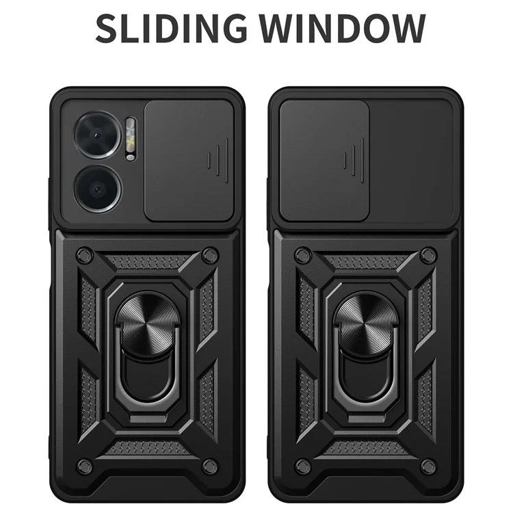 Bump Proof Phone Case for Xiaomi Redmi Note 11E 5G / Redmi 10 5G / 10 Prime+ 5G, PC + TPU Protective Back Cover with Slide Camera Protector and Ring Kickstand - Black