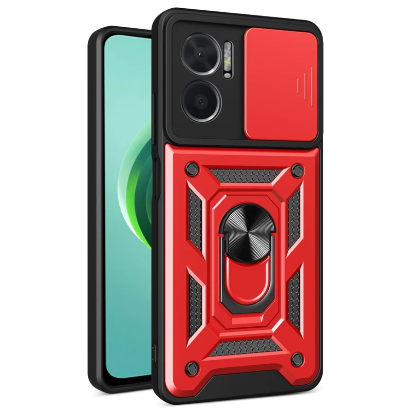 Bump Proof Phone Case for Xiaomi Redmi Note 11E 5G / Redmi 10 5G / 10 Prime+ 5G, PC + TPU Protective Back Cover with Slide Camera Protector and Ring Kickstand - Red
