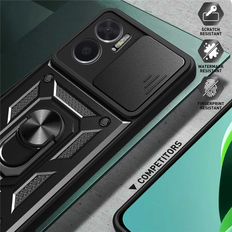 Bump Proof Phone Case for Xiaomi Redmi Note 11E 5G / Redmi 10 5G / 10 Prime+ 5G, PC + TPU Protective Back Cover with Slide Camera Protector and Ring Kickstand - Red