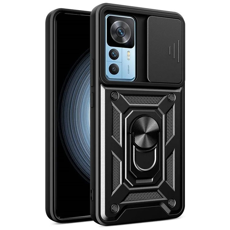 Phone Case for Xiaomi 12T 5G / Redmi K50 Ultra 5G, Shockproof Ring Kickstand PC + TPU Protective Back Cover with Slide Camera Protector - Black