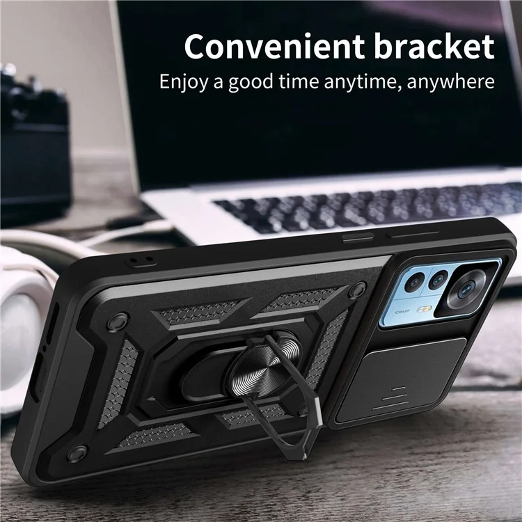 Phone Case for Xiaomi 12T 5G / Redmi K50 Ultra 5G, Shockproof Ring Kickstand PC + TPU Protective Back Cover with Slide Camera Protector - Black