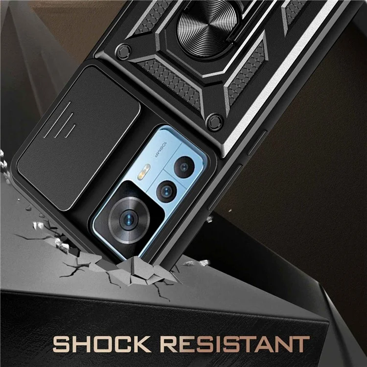 Phone Case for Xiaomi 12T 5G / Redmi K50 Ultra 5G, Shockproof Ring Kickstand PC + TPU Protective Back Cover with Slide Camera Protector - Black
