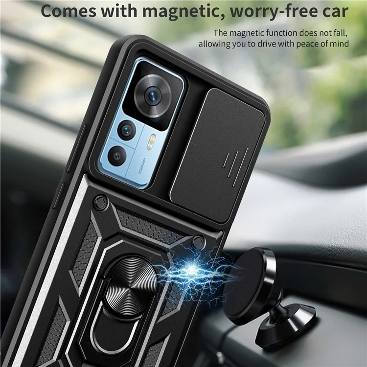 Phone Case for Xiaomi 12T 5G / Redmi K50 Ultra 5G, Shockproof Ring Kickstand PC + TPU Protective Back Cover with Slide Camera Protector - Black