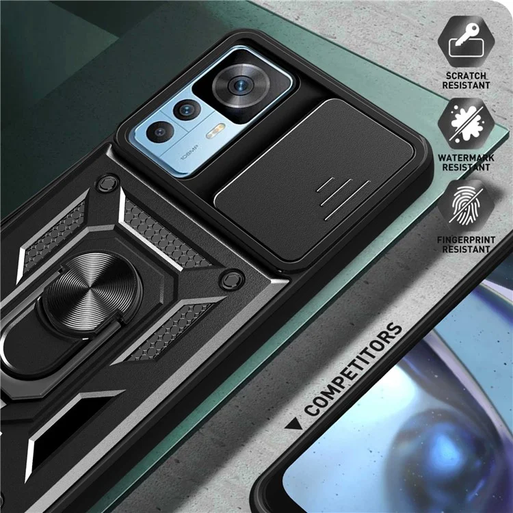 Phone Case for Xiaomi 12T 5G / Redmi K50 Ultra 5G, Shockproof Ring Kickstand PC + TPU Protective Back Cover with Slide Camera Protector - Black
