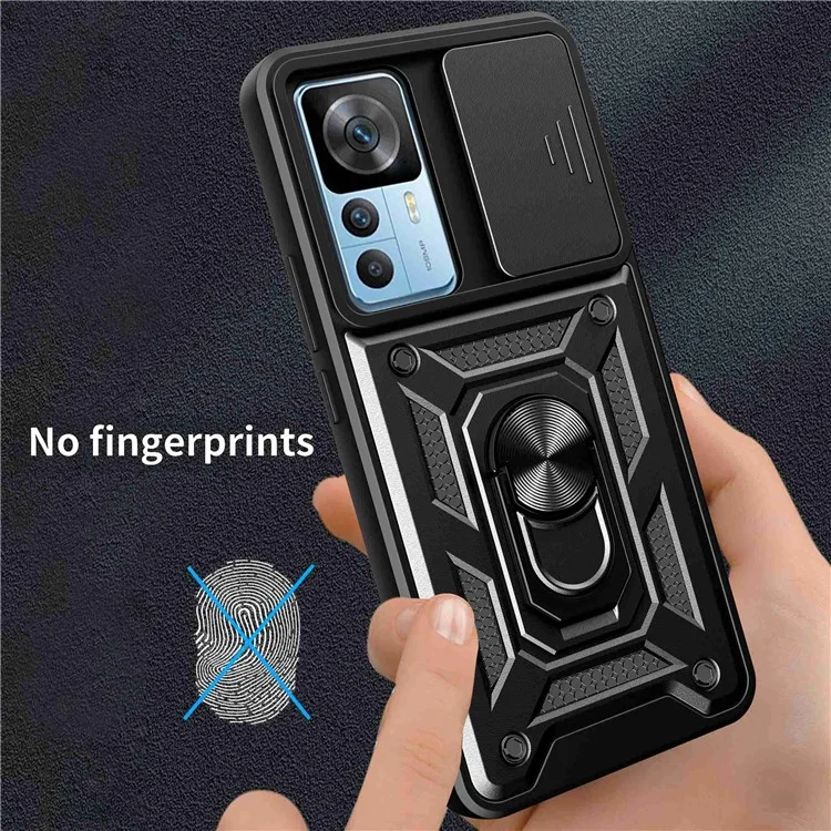 Phone Case for Xiaomi 12T 5G / Redmi K50 Ultra 5G, Shockproof Ring Kickstand PC + TPU Protective Back Cover with Slide Camera Protector - Black