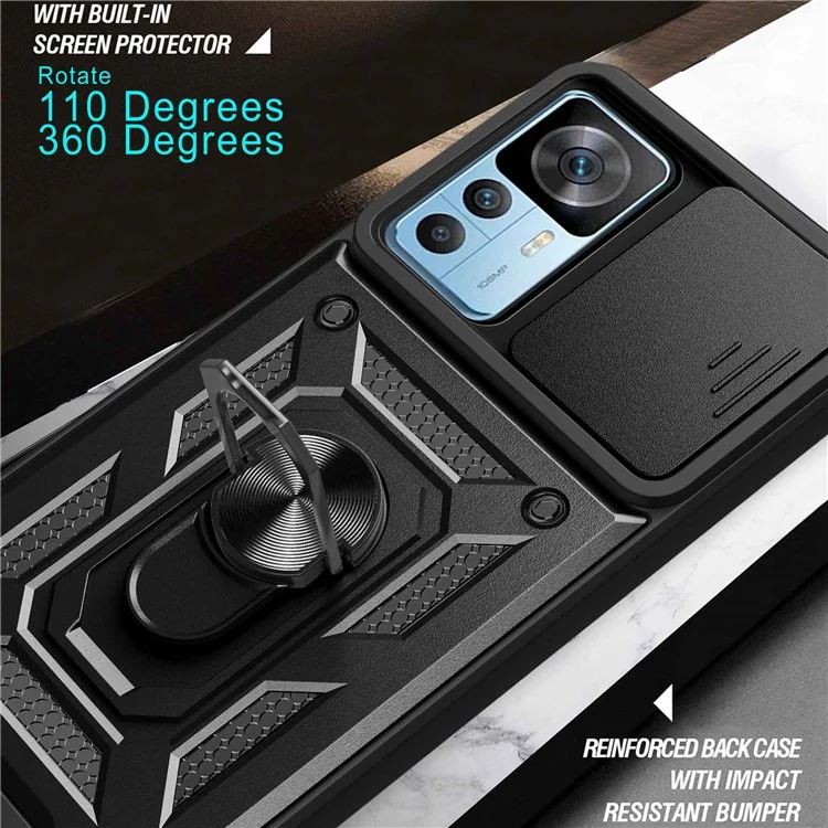 Phone Case for Xiaomi 12T 5G / Redmi K50 Ultra 5G, Shockproof Ring Kickstand PC + TPU Protective Back Cover with Slide Camera Protector - Black