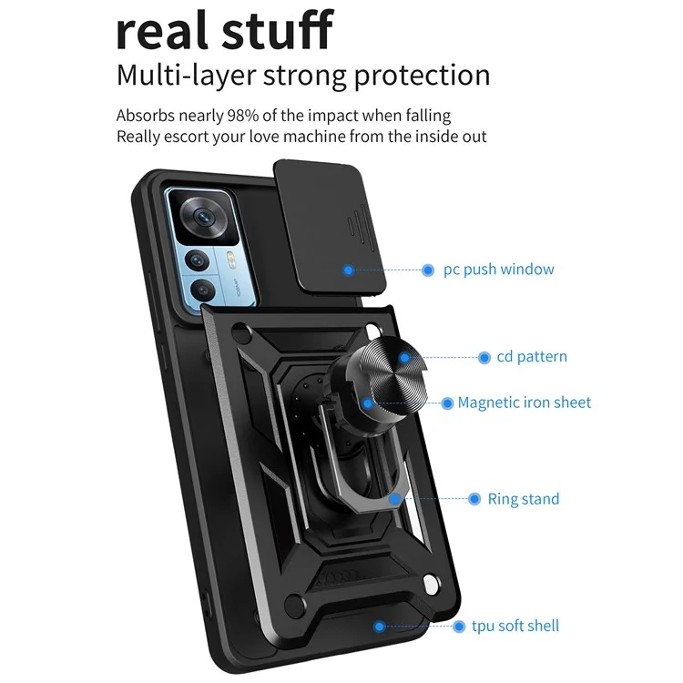 Phone Case for Xiaomi 12T 5G / Redmi K50 Ultra 5G, Shockproof Ring Kickstand PC + TPU Protective Back Cover with Slide Camera Protector - Black