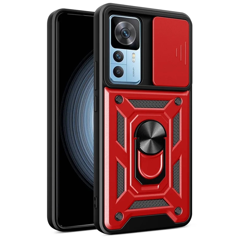 Телефон Для Xiaomi 12t 5g / Redmi K50 Ultra 5G, Ударное Кольцо с Kickstend PC + TPU Защитная Задняя Крышка с Помощью Slide Camera Protector - Красный