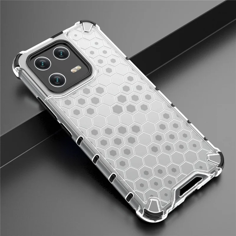 Pour Xiaomi 13 Anti-fingerprint Honeycomb Texture TPU+PC Protective Case Shockproof Phone Back Cover - Grey