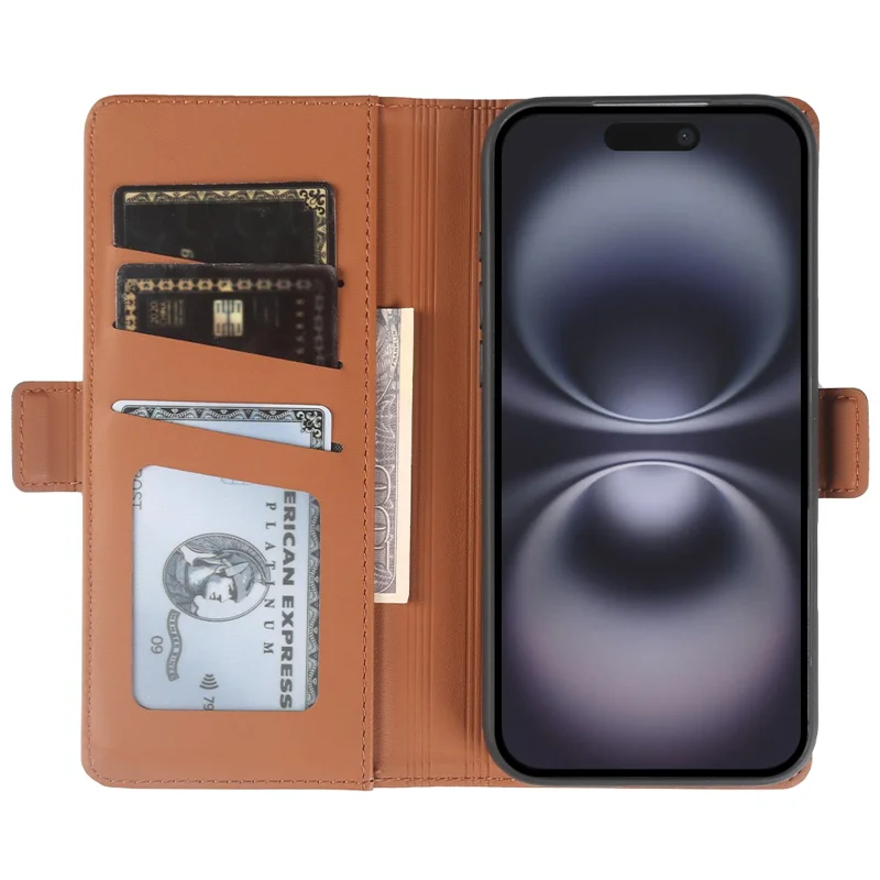 For iPhone 16 Leather Case Wallet Stand TPU + PU Skin-touch Cover - Brown