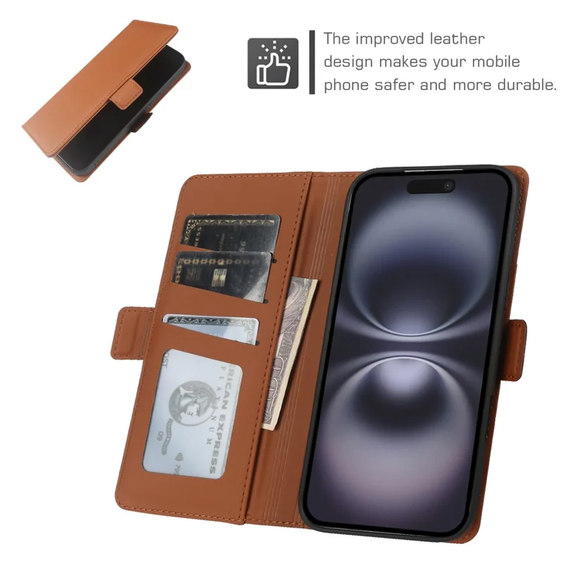 For iPhone 16 Leather Case Wallet Stand TPU + PU Skin-touch Cover - Brown