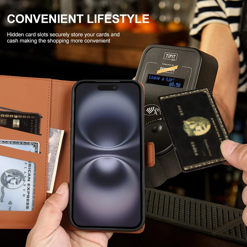For iPhone 16 Leather Case Wallet Stand TPU + PU Skin-touch Cover - Brown