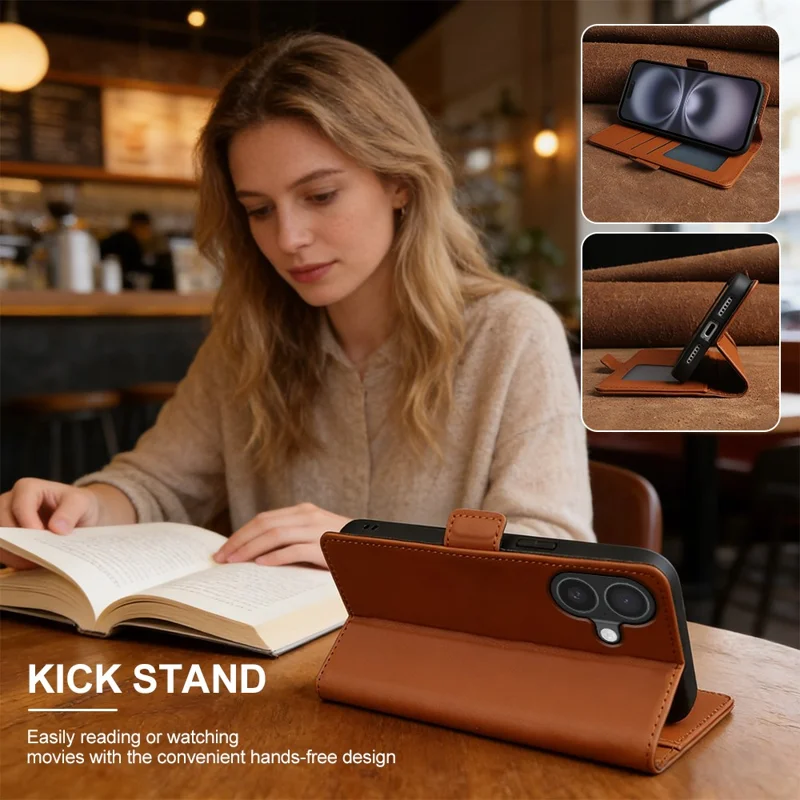 For iPhone 16 Leather Case Wallet Stand TPU + PU Skin-touch Cover - Brown