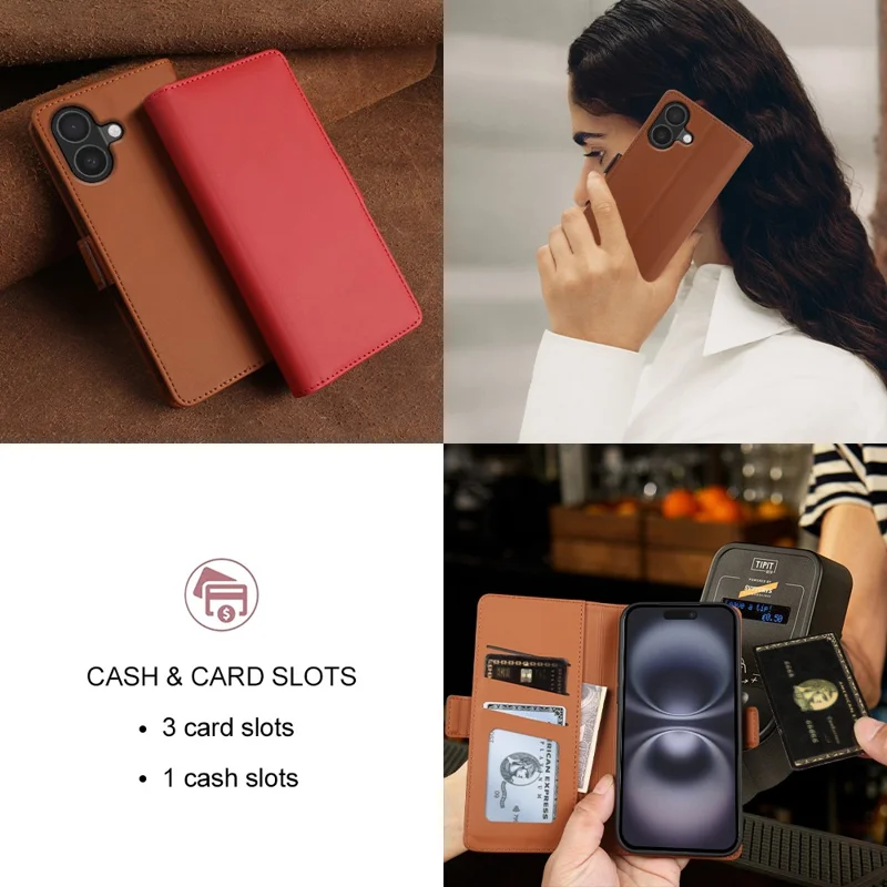 For iPhone 16 Leather Case Wallet Stand TPU + PU Skin-touch Cover - Brown