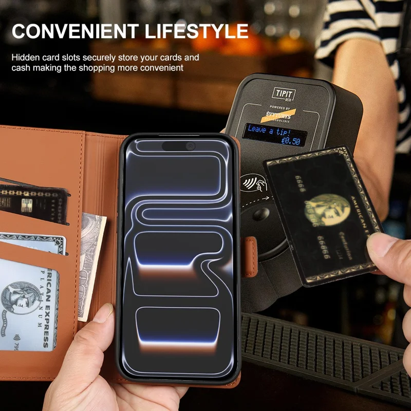 For iPhone 17 Pro Leather Case Wallet Stand TPU + PU Skin-touch Cover - Brown