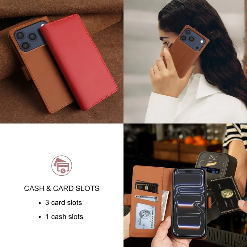 For iPhone 17 Pro Leather Case Wallet Stand TPU + PU Skin-touch Cover - Brown