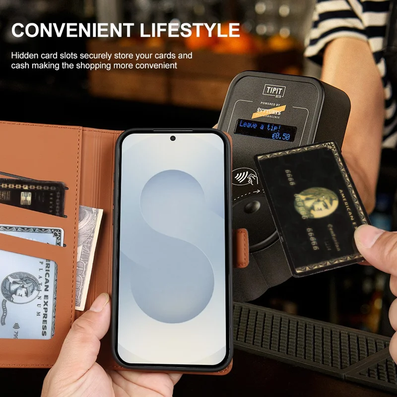 For Samsung Galaxy S25+ Leather Case Wallet Stand TPU + PU Skin-touch Cover - Brown