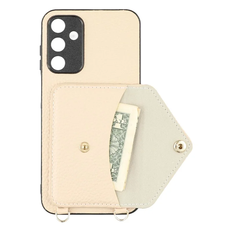 For Samsung Galaxy A37 5G Case Card Holder Litchi Texture PU Leather + TPU Phone Cover with Straps - White