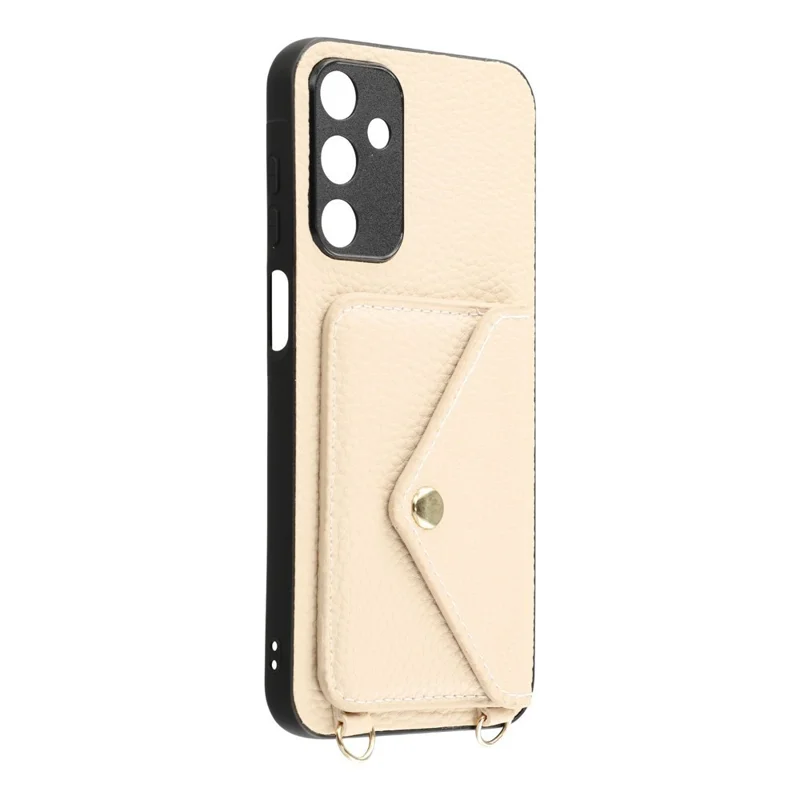 For Samsung Galaxy A37 5G Case Card Holder Litchi Texture PU Leather + TPU Phone Cover with Straps - White