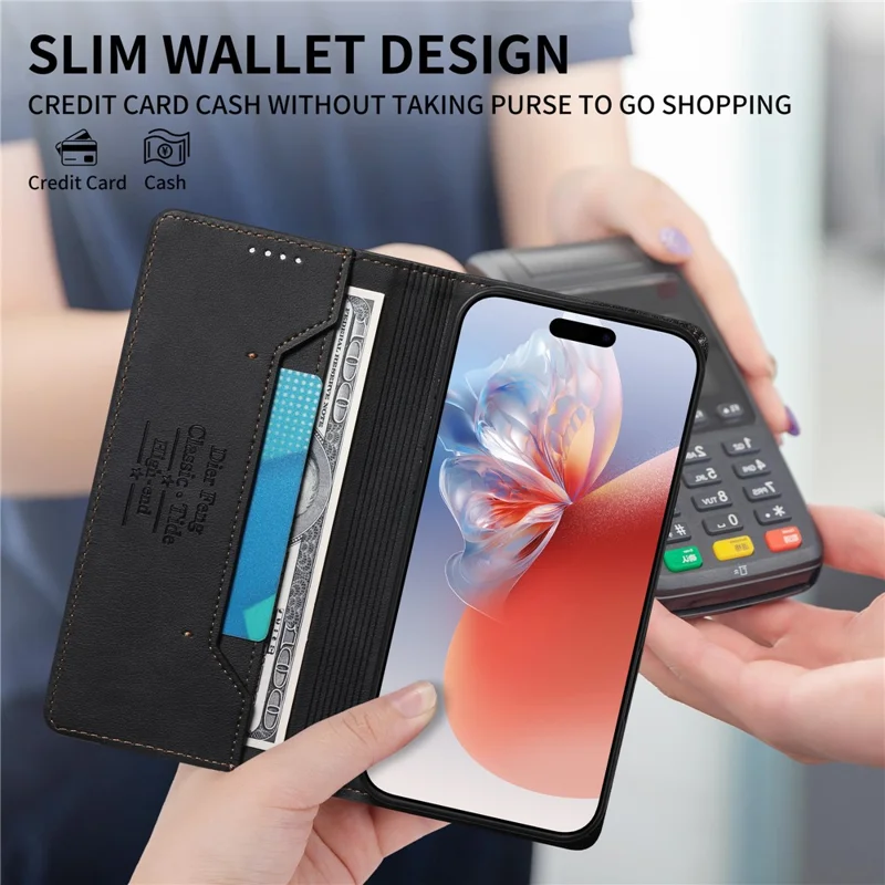 DIERFENG DF-019 for iPhone 17 Leather Wallet Case Card Slots RFID Blocking Magnetic Flip Cover - Black