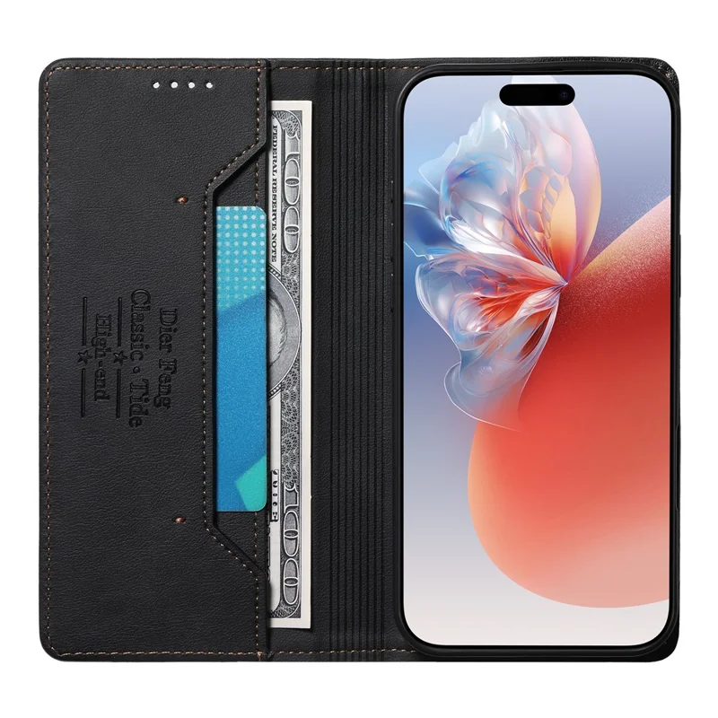 DIERFENG DF-019 for iPhone 17 Leather Wallet Case Card Slots RFID Blocking Magnetic Flip Cover - Black