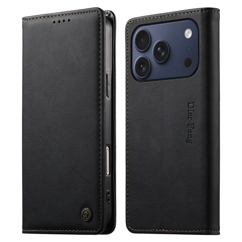 DIERFENG DF-019 for iPhone 17 Pro Leather Wallet Case Card Slots RFID Blocking Magnetic Flip Cover - Black