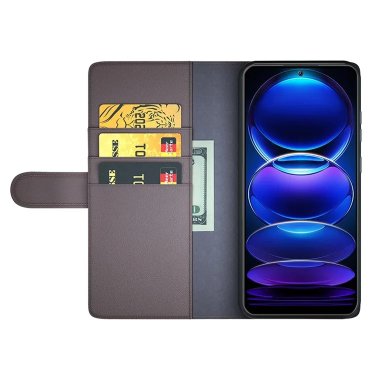 Pour Xiaomi Redmi Note 12 5G Protection Complète Folio Flip Portefeuille Véritable Couvercle de Téléphone en Cuir Divisé - Brun