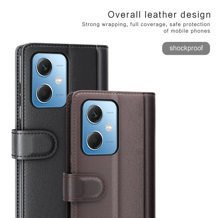 Pour Xiaomi Redmi Note 12 5G Protection Complète Folio Flip Portefeuille Véritable Couvercle de Téléphone en Cuir Divisé - Brun