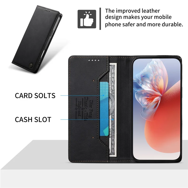 DIERFENG DF-019 for iPhone 16 Leather Wallet Case Card Slots RFID Blocking Magnetic Flip Cover - Black
