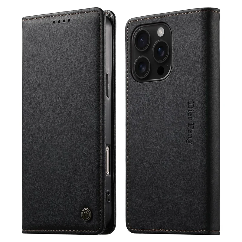 DIERFENG DF-019 for iPhone 16 Pro Leather Wallet Case Card Slots RFID Blocking Magnetic Flip Cover - Black