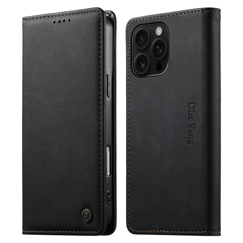 DIERFENG DF-019 for iPhone 16 Pro Max Leather Wallet Case Card Slots RFID Blocking Magnetic Flip Cover - Black