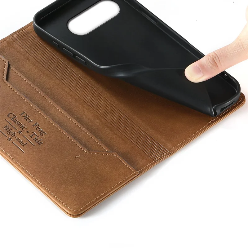 DIERFENG DF-019 for Google Pixel 9a Leather Wallet Case Magnetic Flip Cover with Card Slots RFID Blocking - Light Brown