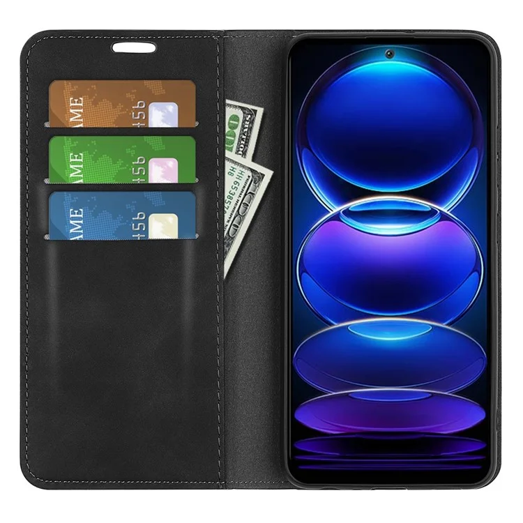 Étui de téléphone à sensation de peau pour Xiaomi Redmi Note 12 5G (mondial) / (Inde) / (Chine) / Poco X5 5G Couverture de portefeuille magnétique auto-absorbée Étui folio en cuir PU - Noir