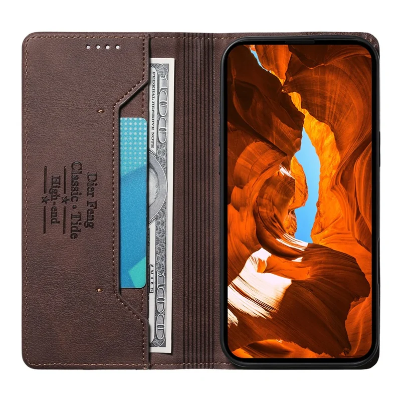 DIERFENG DF-019 for Samsung Galaxy S25 Edge Leather Wallet Case Magnetic Flip Cover with Card Slots RFID Blocking - Dark Brown