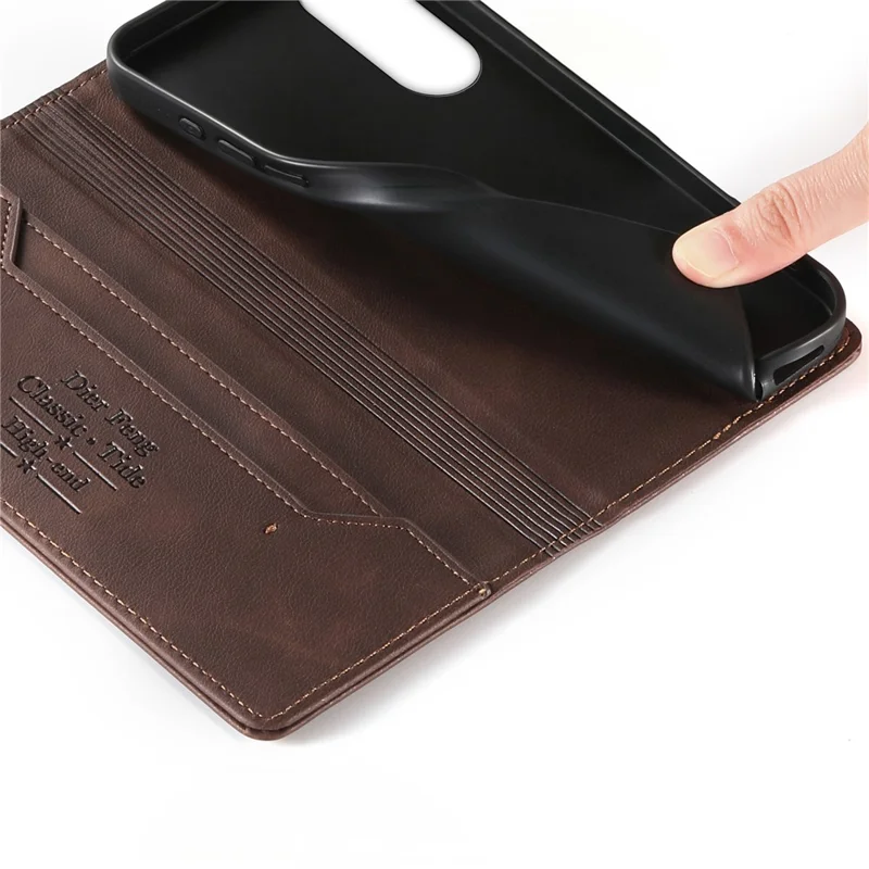 DIERFENG DF-019 for Samsung Galaxy S25 Edge Leather Wallet Case Magnetic Flip Cover with Card Slots RFID Blocking - Dark Brown