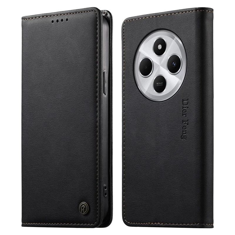 DIERFENG DF-019 for Xiaomi Poco C75 4G  /  Redmi 14R 5G  /  14C 4G Leather Wallet Case Magnetic Flip Cover with Card Slots RFID Blocking - Black
