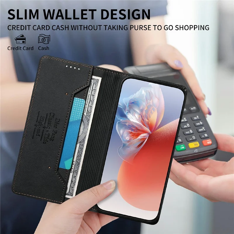 DIERFENG DF-019 for Xiaomi Redmi Note 14 4G (164.84mm) Leather Wallet Case Card Slots RFID Blocking Magnetic Flip Cover - Black
