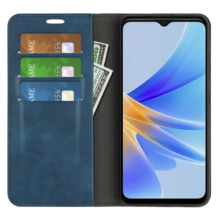 Pour Oppo A17 4G Flip Magnetic Auto-absorbed Portefeuille Couverture de Peau de Peau pu le Cuir Folio Stand du Support - Bleu