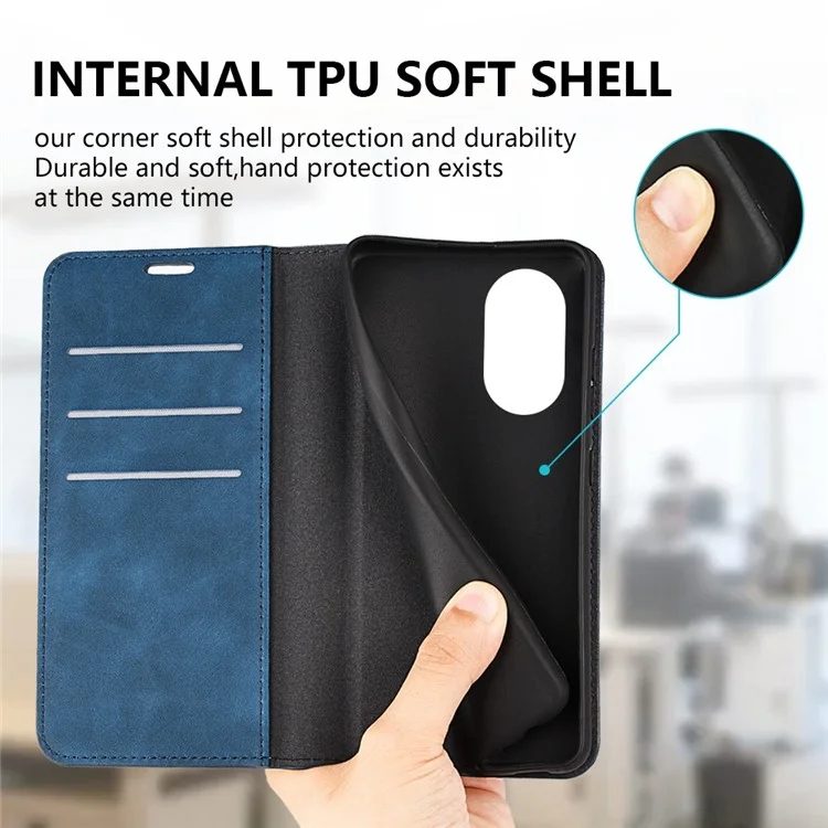 Pour Oppo A17 4G Flip Magnetic Auto-absorbed Portefeuille Couverture de Peau de Peau pu le Cuir Folio Stand du Support - Bleu